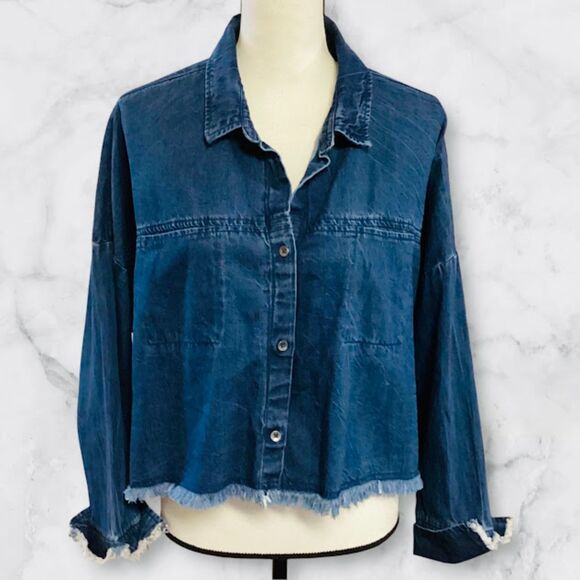 Guess Blue Denim Drop Shoulder Boxy Frayed Hem Jacket/Top in Medium - Picture 1 of 8